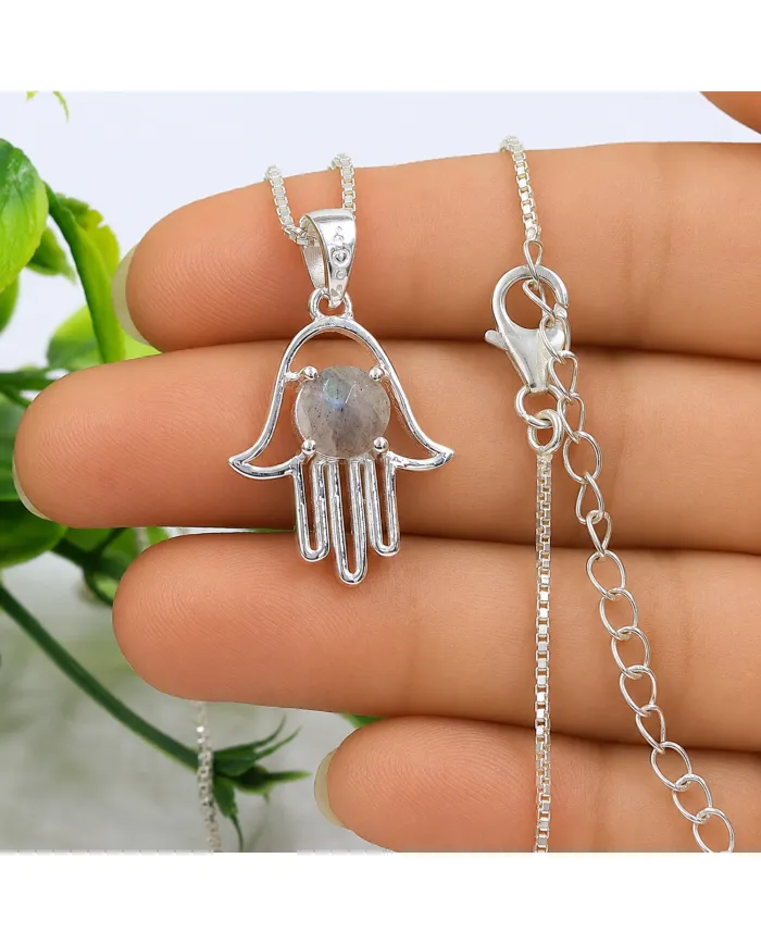 925 Sterling Silver Labradorite Hamsa Pendant Necklace