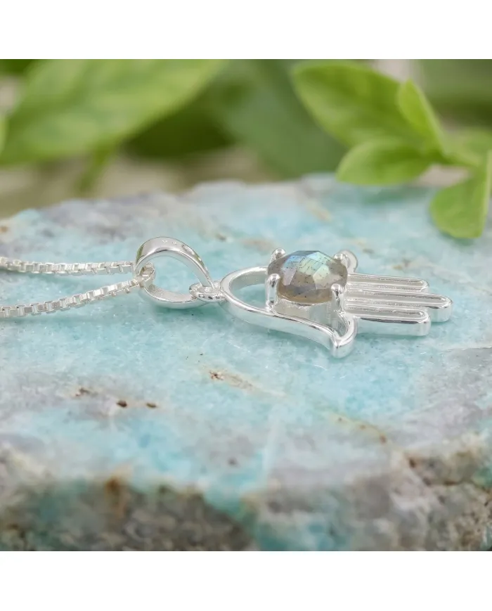 925 Sterling Silver Labradorite Hamsa Pendant Necklace