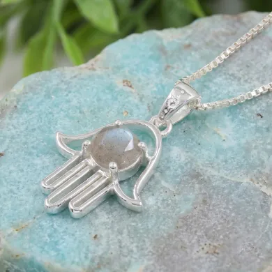 925 Sterling Silver Labradorite Hamsa Pendant Necklace