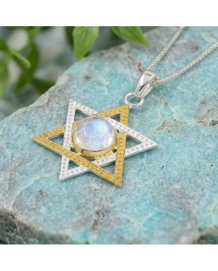 Moonstone Star of David Necklace, Two-Tone Jewish Star Pendant for Women