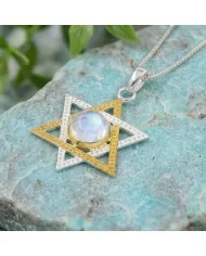 Moonstone Star of David Necklace, Two-Tone Jewish Star Pendant for Women