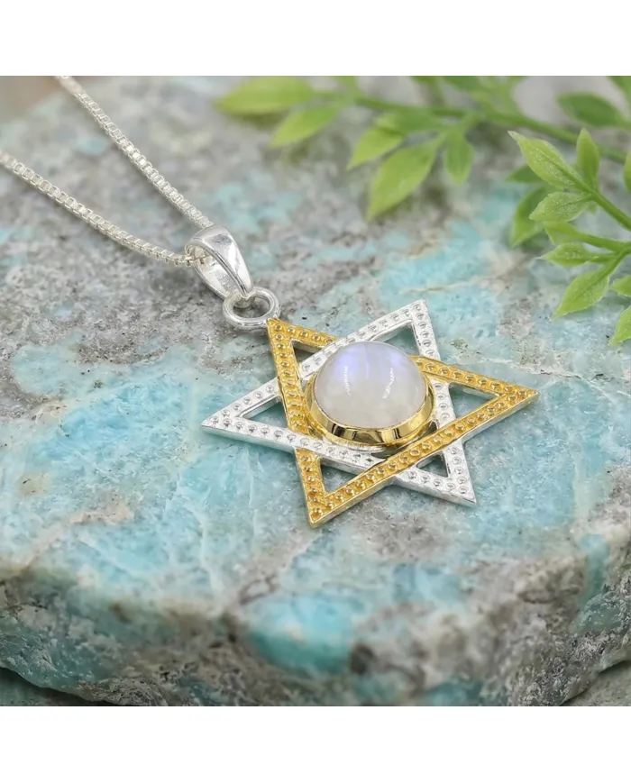 Moonstone Star of David Necklace, Two-Tone Jewish Star Pendant for Women