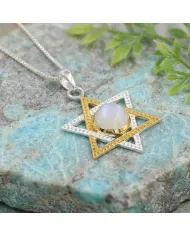 Moonstone Star of David Necklace, Two-Tone Jewish Star Pendant for Women