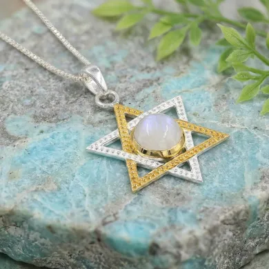 Moonstone Star of David Necklace, Two-Tone Jewish Star Pendant for Women