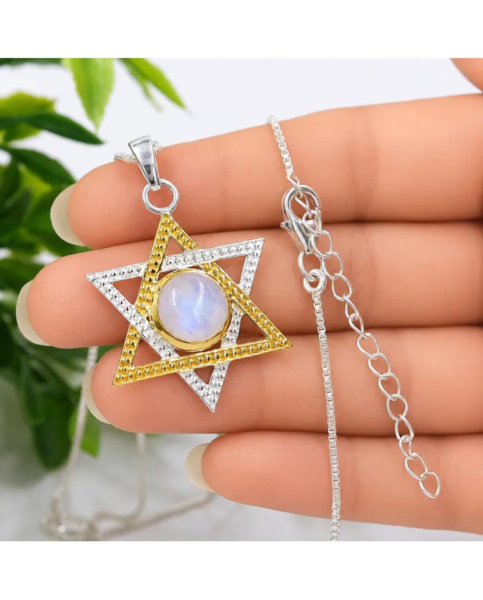 Moonstone Star of David Necklace, Two-Tone Jewish Star Pendant for Women