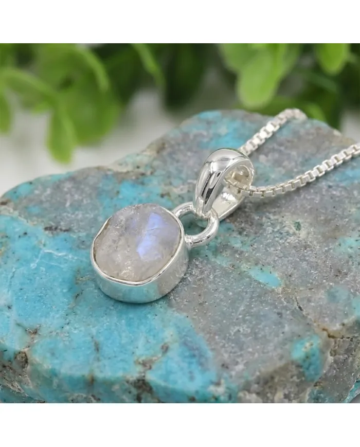 925 Sterling Silver Bezel-Set Raw Moonstone Pendant Necklace