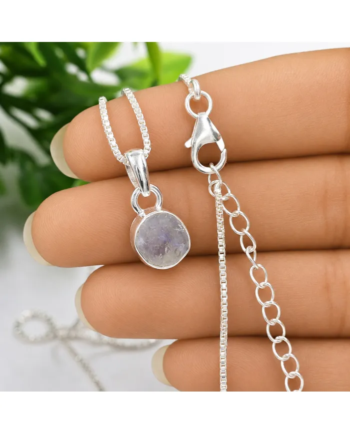 925 Sterling Silver Bezel-Set Raw Moonstone Pendant Necklace