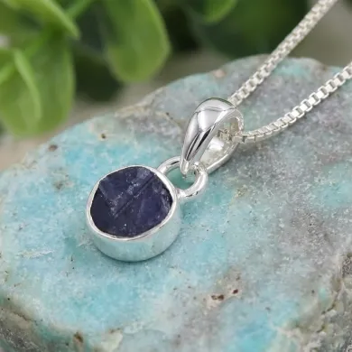 925 Sterling Silver Bezel-Set Raw Blue Sapphire Pendant Necklace