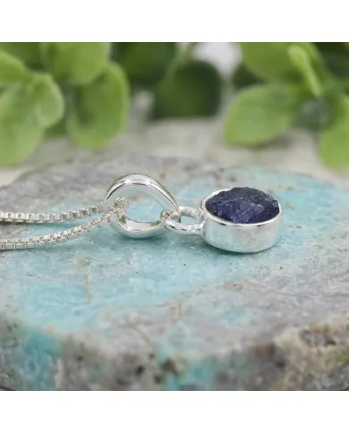 925 Sterling Silver Bezel-Set Raw Blue Sapphire Pendant Necklace