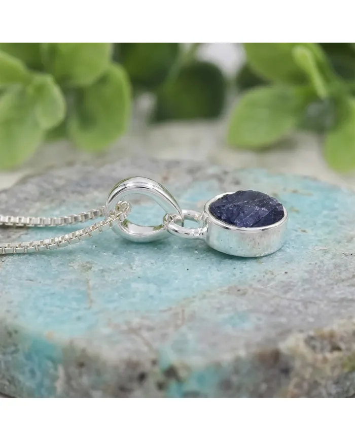 925 Sterling Silver Bezel-Set Raw Blue Sapphire Pendant Necklace
