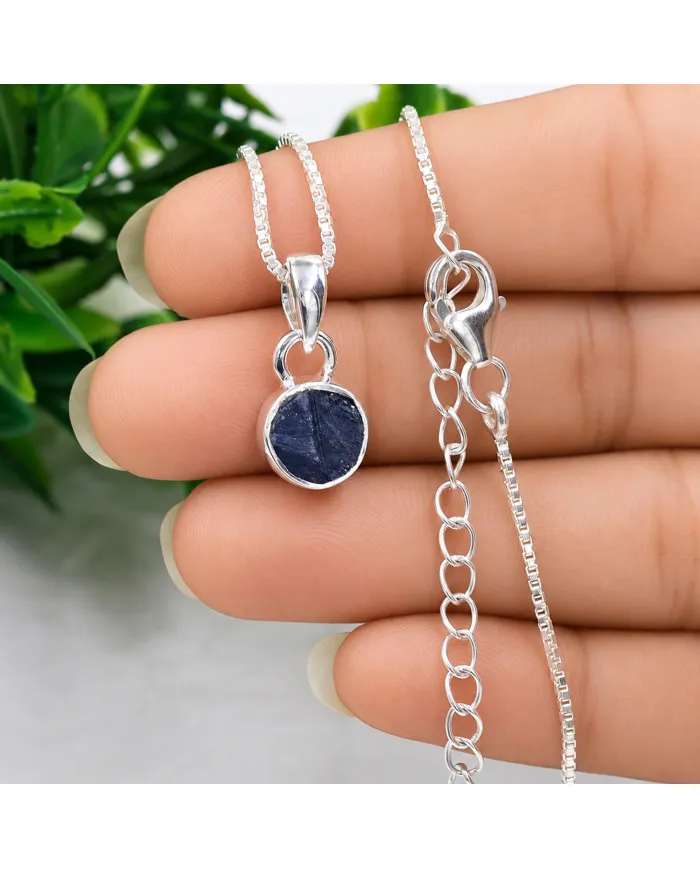 925 Sterling Silver Bezel-Set Raw Blue Sapphire Pendant Necklace