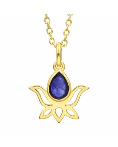 Blue Sapphire Lotus Pendant Necklace, 18K Gold Plated Jewelry for Women