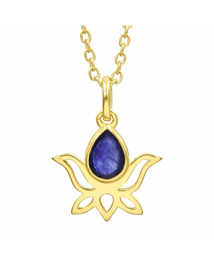 Blue Sapphire Lotus Pendant Necklace, 18K Gold Plated Jewelry for Women