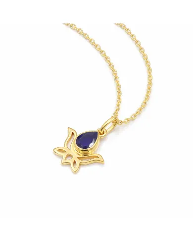 Blue Sapphire Lotus Pendant Necklace, 18K Gold Plated Jewelry for Women
