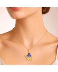 Blue Sapphire Lotus Pendant Necklace, 18K Gold Plated Jewelry for Women