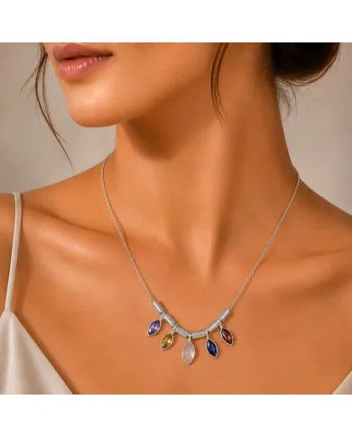 925 Sterling Silver Multi Gemstone Marquise Cut Statement Necklace