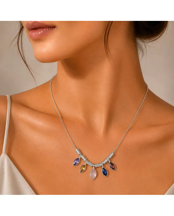 925 Sterling Silver Multi Gemstone Marquise Cut Statement Necklace