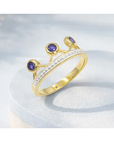 Blue Sapphire Crown Ring – Two-Tone, Gold Plated 925 Silver Jewelry