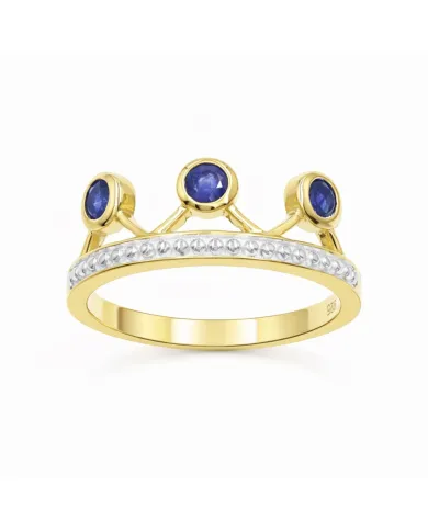 Blue Sapphire Crown Ring – Two-Tone, Gold Plated 925 Silver Jewelry