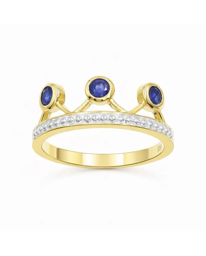 Blue Sapphire Crown Ring – Two-Tone, Gold Plated 925 Silver Jewelry