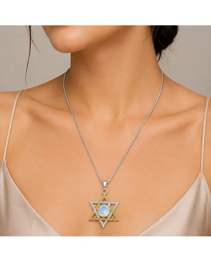 Moonstone Star of David Necklace, Two-Tone Jewish Star Pendant for Women
