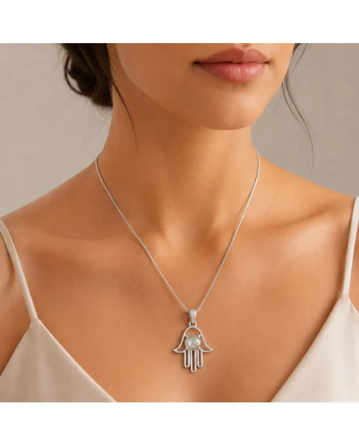 925 Sterling Silver Labradorite Hamsa Pendant Necklace