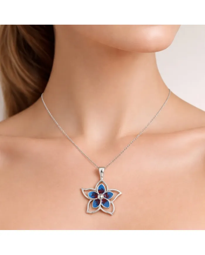 925 Sterling Silver Enamel Flower Pendant, Handmade Jewelry for Her