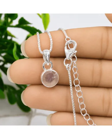 925 Sterling Silver Bezel-Set Raw Rose Quartz Pendant Necklace