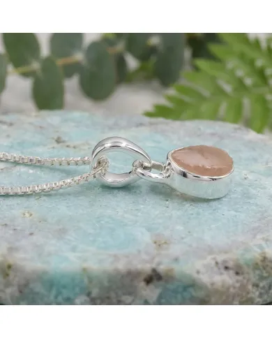 925 Sterling Silver Bezel-Set Raw Rose Quartz Pendant Necklace