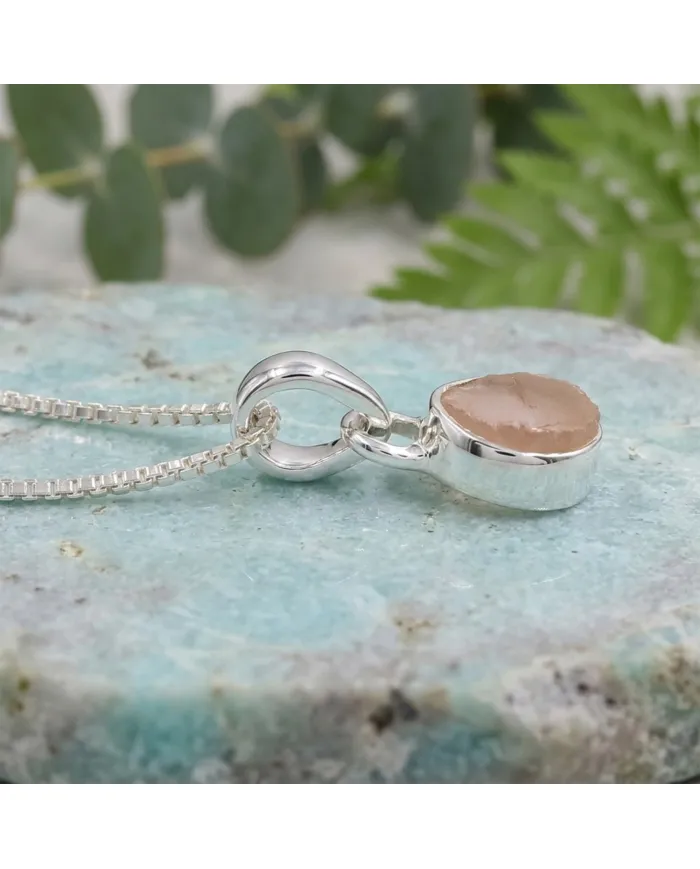 925 Sterling Silver Bezel-Set Raw Rose Quartz Pendant Necklace