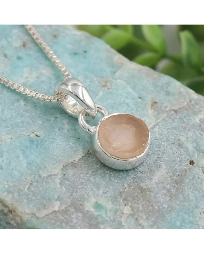 925 Sterling Silver Bezel-Set Raw Rose Quartz Pendant Necklace