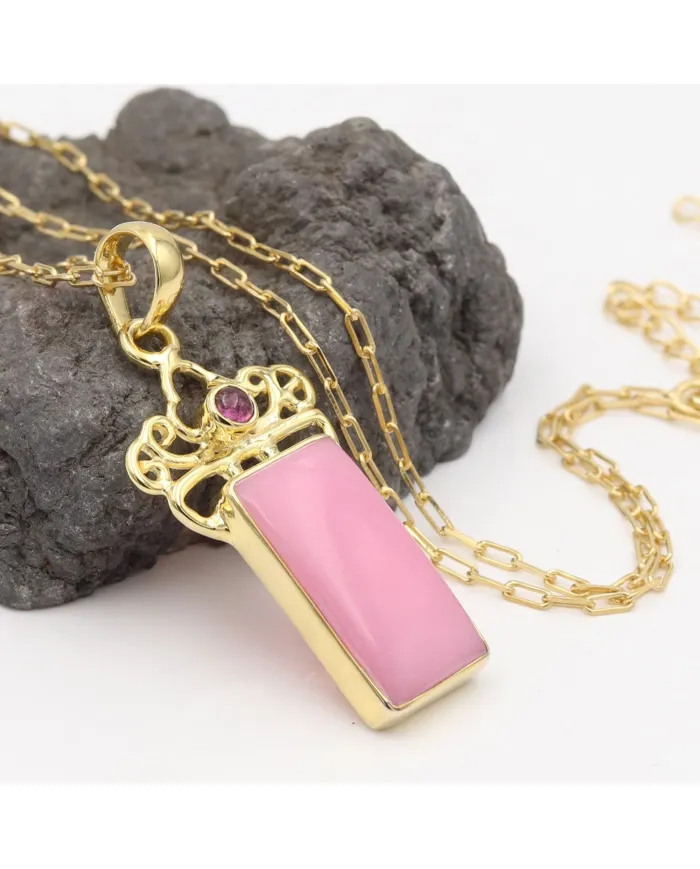 18K Gold Plated Pink Opal & Tourmaline Pendant Necklace for Her