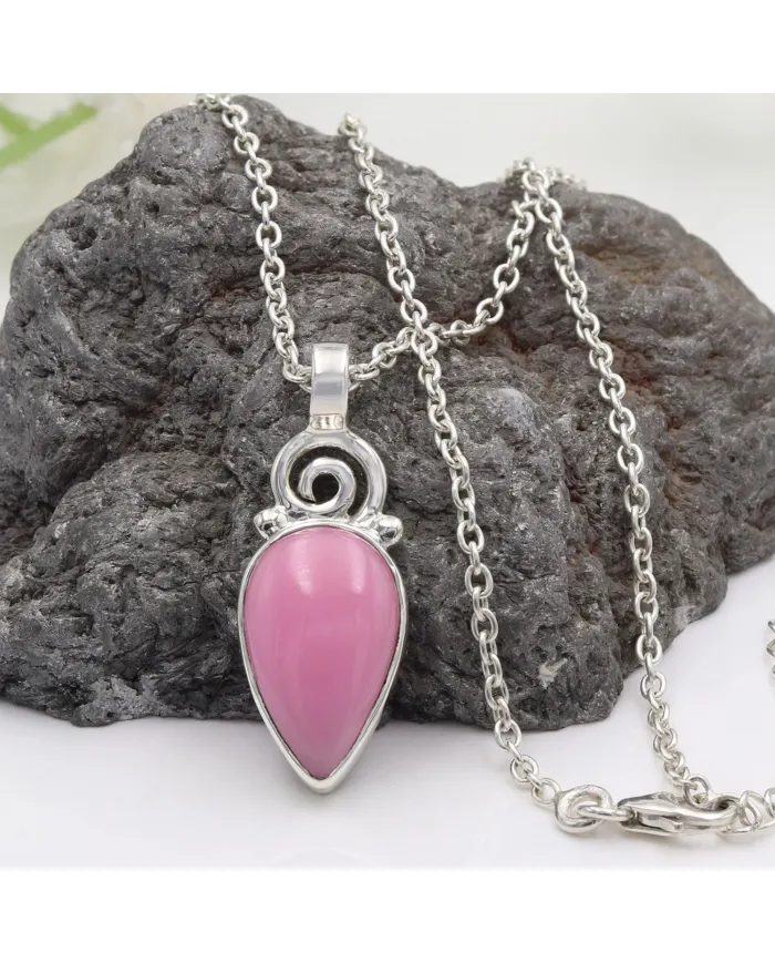 Pink Opal Pendant Necklace, 925 Sterling Silver Handmade Boho Jewelry