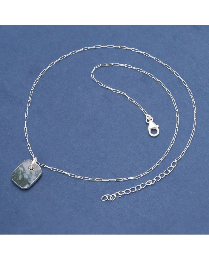 Moss Agate Pendant Necklace in Sterling Silver Handmade Unisex Jewelry