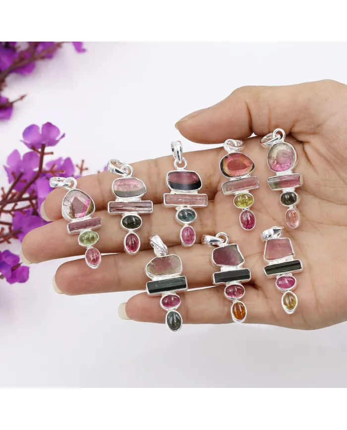 Multi Tourmaline Vertical Bar Pendant 925 Sterling Silver Necklace