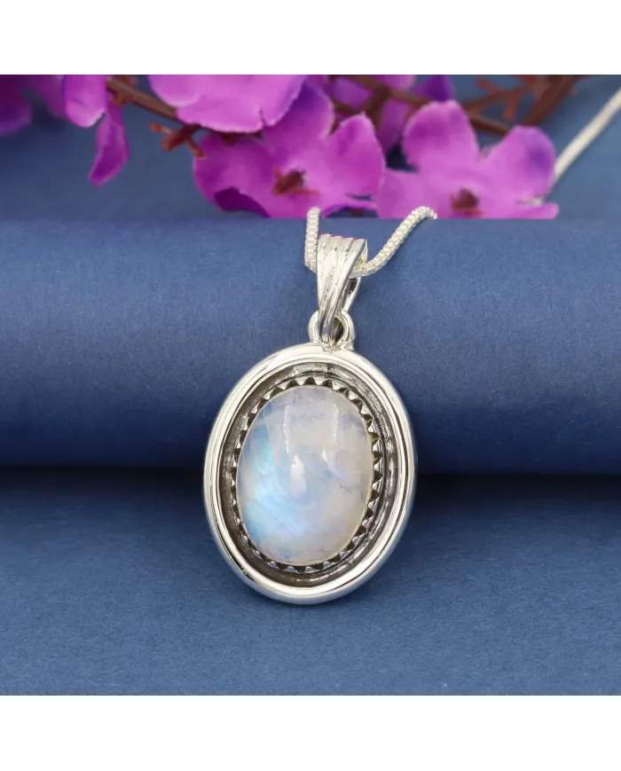 Rainbow Moonstone Pendant - 925 Sterling Silver Cabochon Necklace