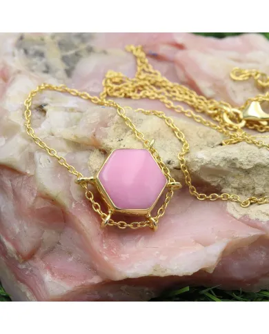 18K Gold Plated Pink Opal Pendant Necklace Hexagon Geometric Jewelry