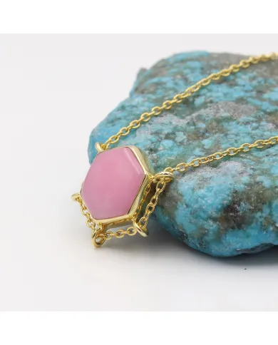 18K Gold Plated Pink Opal Pendant Necklace Hexagon Geometric Jewelry
