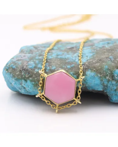 18K Gold Plated Pink Opal Pendant Necklace Hexagon Geometric Jewelry