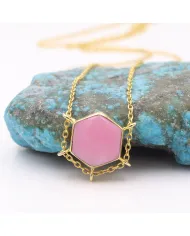 18K Gold Plated Pink Opal Pendant Necklace Hexagon Geometric Jewelry