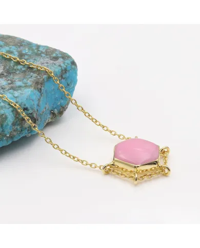 18K Gold Plated Pink Opal Pendant Necklace Hexagon Geometric Jewelry