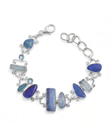 925 Sterling Silver Doublet Opal Bracelet with Swiss Blue Topaz & Aquamarine