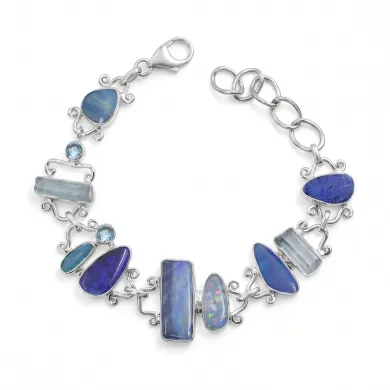 925 Sterling Silver Doublet Opal Bracelet with Swiss Blue Topaz & Aquamarine