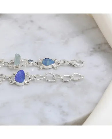 925 Sterling Silver Doublet Opal Bracelet with Swiss Blue Topaz & Aquamarine