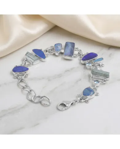 925 Sterling Silver Doublet Opal Bracelet with Swiss Blue Topaz & Aquamarine
