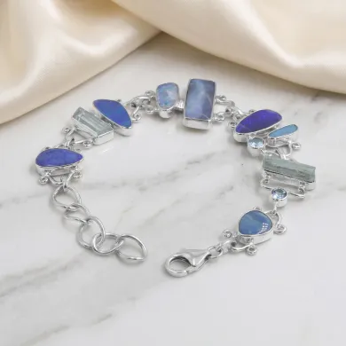 925 Sterling Silver Doublet Opal Bracelet with Swiss Blue Topaz & Aquamarine
