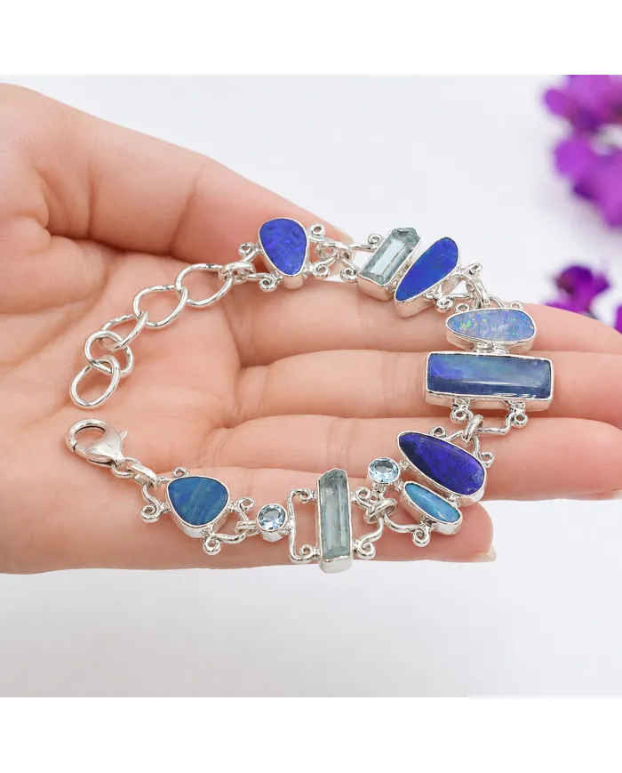 925 Sterling Silver Doublet Opal Bracelet with Swiss Blue Topaz & Aquamarine