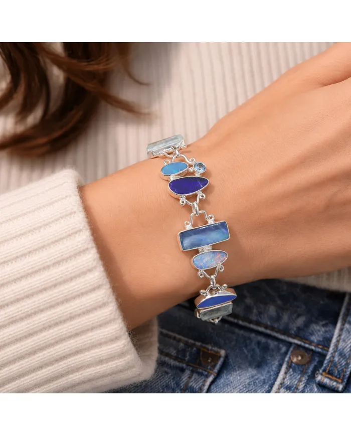 925 Sterling Silver Doublet Opal Bracelet with Swiss Blue Topaz & Aquamarine