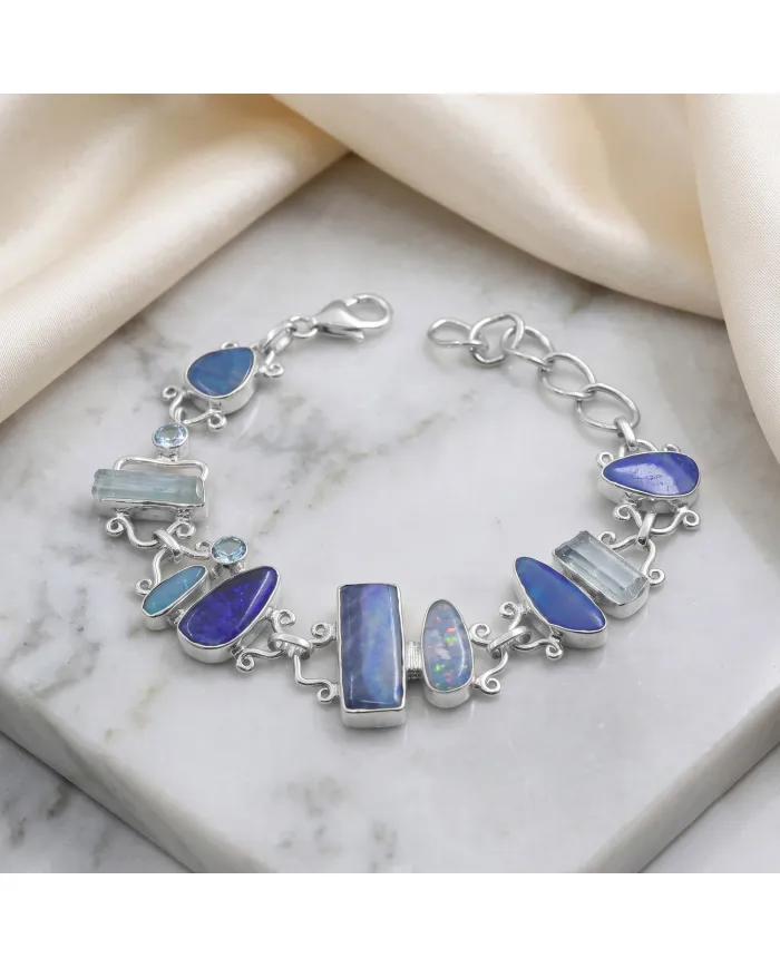 925 Sterling Silver Doublet Opal Bracelet with Swiss Blue Topaz & Aquamarine