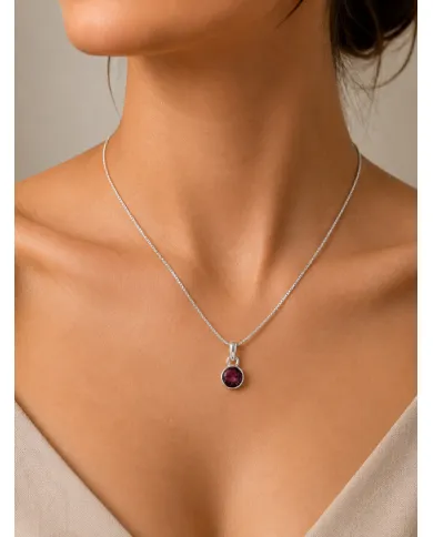 925 Sterling Silver Bezel-Set Raw Garnet Pendant Necklace